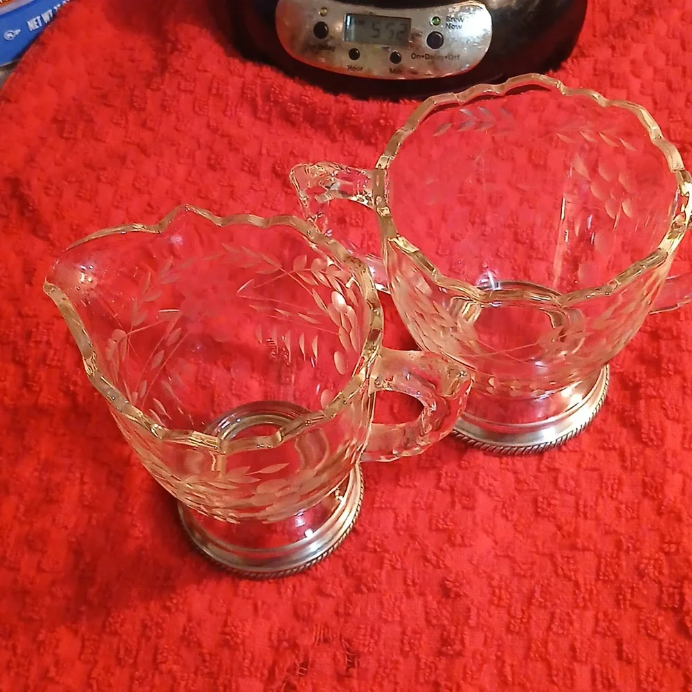 Vintage Cambridge Crystal Glass Sugar & Creamer W/Sterling Silver Base